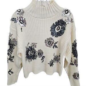 Nwot Mod X Creme Longsleeve Ribbed Mock Turtleneck Silver/Black Sequined Sweater